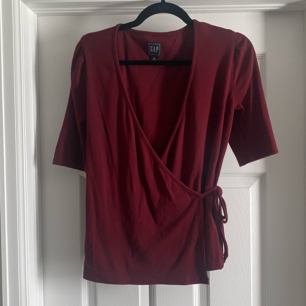 Burgundy Ribbed Gap Wrap Top